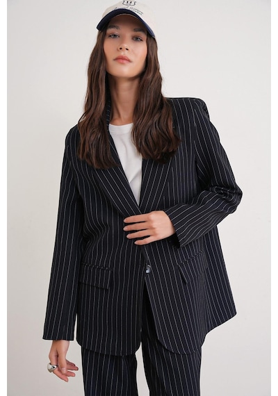 Mixray 4753 Kadın Çizgili Oversize Blazer Ceket Lacivert