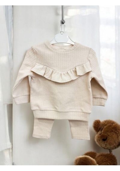 Zekids Kız Çocuk Pamuklu Fırfır Detaylı Taytlı Takım-14295 Krem