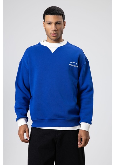 Vamos Oversize Bisiklet Yaka Baskılı Sweatshirt V70-91 Saks Mavi