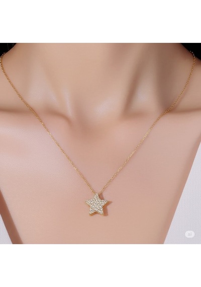 Çelik Gold Renk Zincir Zirkon Taşlı Yıldız Model Kadın Kolye Çok Renkli
