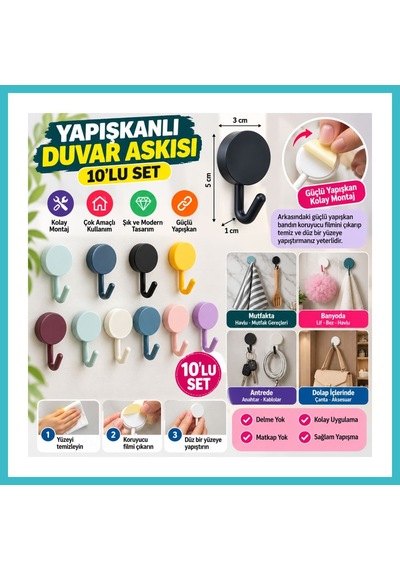 Bezos 10 Lu Plastik Kendinden Yapışkanlı Renkli Askı Seti Dfnbez
