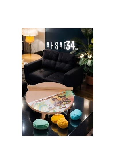 Çocuk 34 Cm Ahşap Hamur Açma Masası Mini Oklava İle Oyun Hamuru Tahtası 714536 Beyaz - Siyah