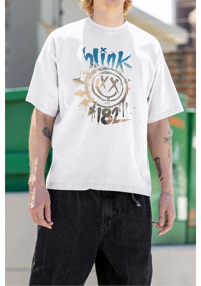 Blink 182 Gülen Yüz Baskılı Unisex Oversize Tişört Beyaz