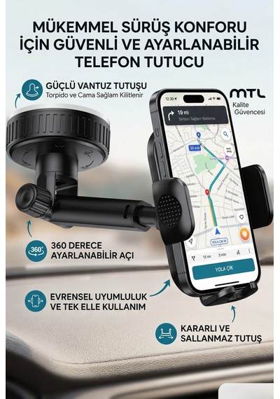 Vakumlu Araç İçi Telefon Tutucu Uzatılabilir Ve Ayarlanabilir Kol Otomatik Kilit Sistemi Mt6088