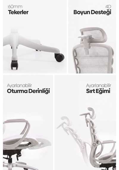 Rosso Ergonomik Çalışma Koltuğu - Sabit Kolçak - Beyaz