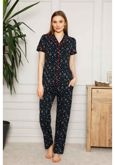 Farya Home Dreamy Pamuklu Yıldız Desenli Biyeli Kısa Kollu Gömlek Pijama Takımı Siyah Kırmızı Kırmızı - Siyah