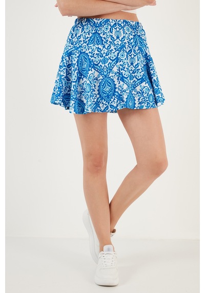 Lela Desenli Beli Lastikli Mini Bayan Şort Etek 5865118 Mavi