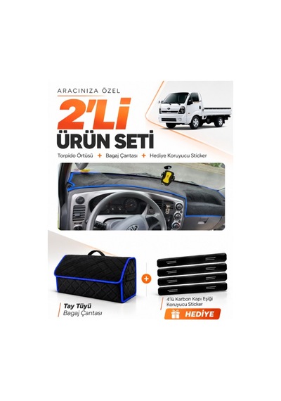 Kia Bongo 2004-2019 Uyumlu Torpido Örtüsü + Tay Tüyü Bagaj Çantası + Sticker Seti - Siyah Mavi