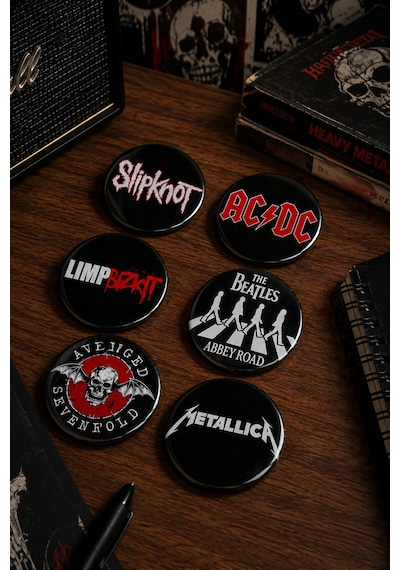 Mashspot 6'lı Rock Metal Rozet Seti 1, 58mm Slipknot Ac/dc Metallica Limp Bizkit Beatles Avenged Sevenfold Çok Renkli