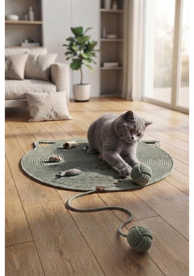 Pet El Yapımı Oyuncaklı Kedi Tırmalama Matı%100 Pamuk İpli Mint