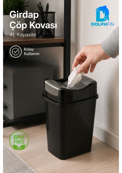Girdap 4 Litre Sallanır Kapaklı Mini Çöp Kovası Banyo Mutfak Ofis Siyah Füme
