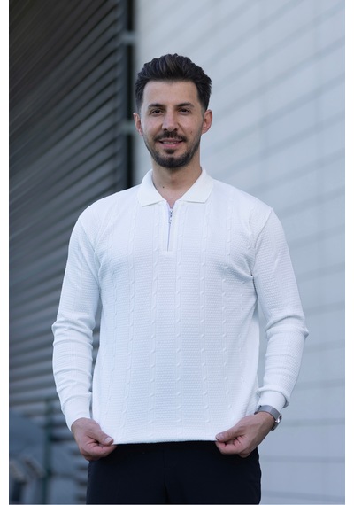 Hk Premium Triko Kazak Polo Yaka Fermuarlı Slim Fit Beyaz