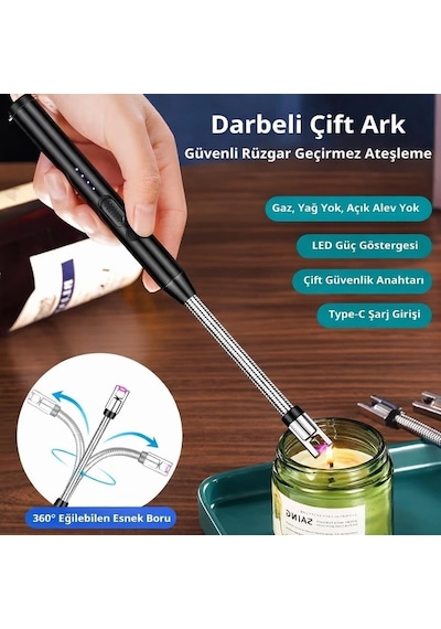 Valkyrie Type-c Şarjlı Elektronik, Mum Yakma Darbeli Ateşleyici 360 Esnek Boyun, Rüzgar Geçirmez, Göstergeli Çok Renkli