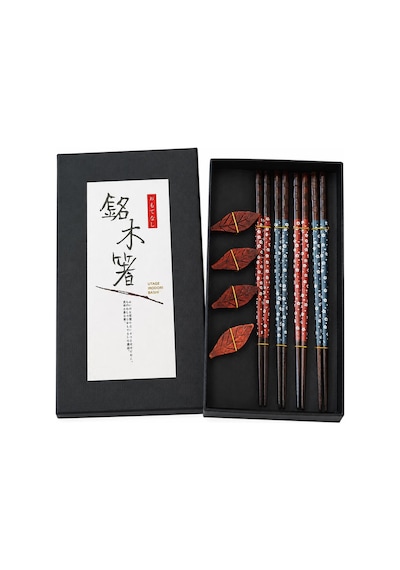 Valkyrie 4 Çift Doğal Ahşap Yemek Çubuğu Seti 8 Adet Japon Chopstick 4 Yaprak Ahşap Tutacak, Kutulu 22,5cm