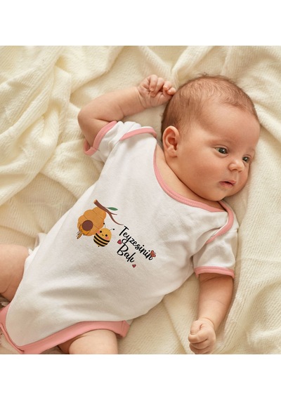 Bk Gift Bk Kids Teyzesinin Balı Tasarımlı Pembe Bebek Body Zıbın-1 12-18 Ay Sarı
