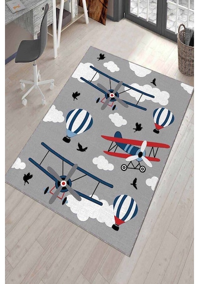 Gri Kaymaz Tabanlı Yıkanabilir Uçaklı Çocuk Halısı Ar1025n11