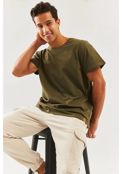 Erkek Oversize Rahat %100 Pamuklu Penye Bisiklet Yaka Kısa Kol Basic T-shirt Classic Collection Haki