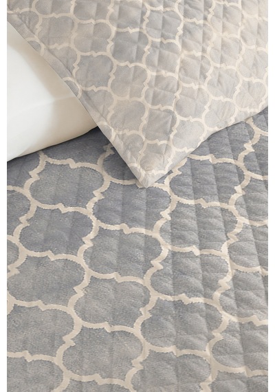 Gri Geometrik Modern Tek Kişilik Pike Takımı - Beyaz İskandinav 160x220 Cm Kapitone Yatak Örtüsü Kışlık Saman Masalı