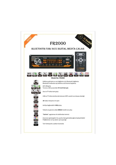 Fi Audıo Fr-2000 Oto Teyp 4x50 Watt Bluetooth Carlive 2xusb Sd Fm Aux 2 Amfi Çıkışı