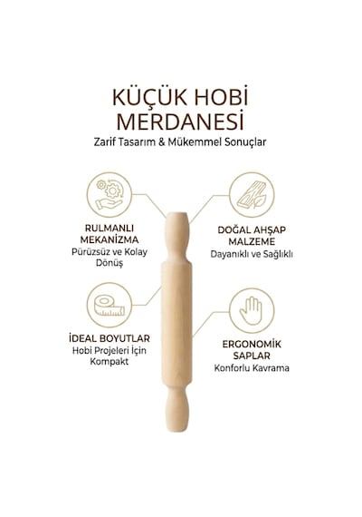 Kamptek Ahşap Atölyesinden Küçük Hobi Kurabiye Merdanesi Oyun Hamuru Merdanesi Doğal 24 Cm