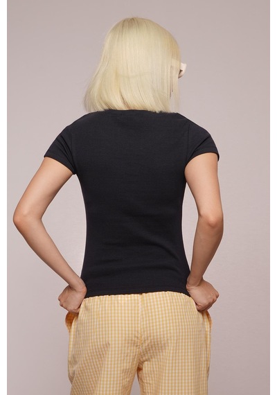 Lacivert Geniş Yaka Fittili Basic Kadın T-shirt Mg2293 Lacivert