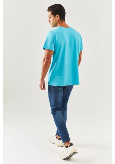 Erkek Oversize Rahat %100 Pamuklu Penye Bisiklet Yaka Kısa Kol Basic T-shirt Aqua