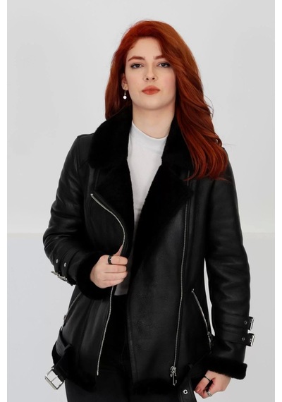 M M Marki Marki Siyah Hakiki Deri Kaban, Içi Kürklü, Kemerli Detaylar, Chic Elegance - 70 Cm - 102622