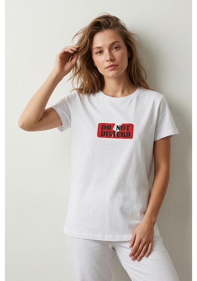 Elemge %100 Pamuk Pijama Üstü T-shirt Süprem Compact Penye Kadın Rahat Kalıp Beyaz Kısa Kol Do Not Disturb