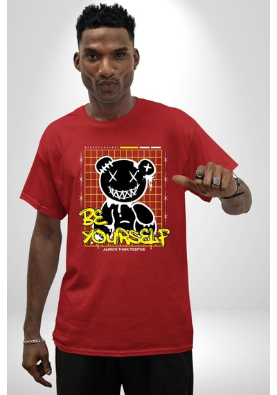 Kendin Ol Pamuklu Bisiklet Yaka Unisex Oversize Boyfriend Dijital Baskılı Kırmızı T-shirt Kırmızı