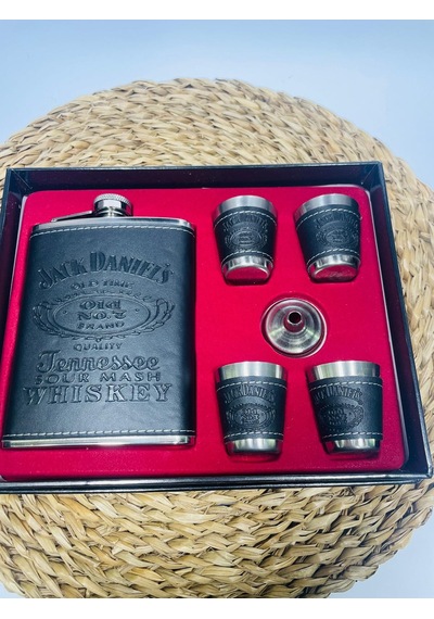 JackDanils Metal Matara Seti 4 Bardaklı/Deri Kaplı
