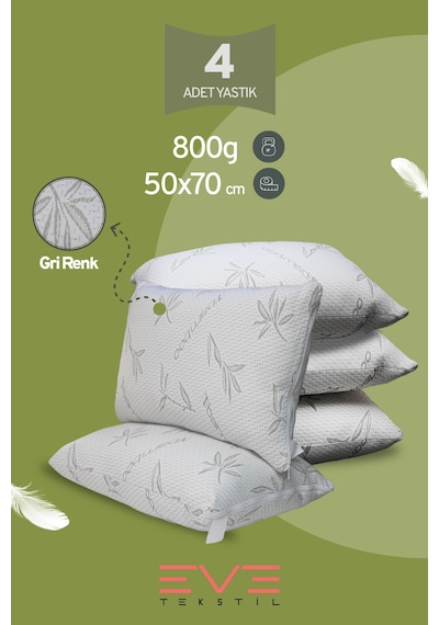 Eve Tekstil 4 Adet Bamboo Gri Serisi Kılıflı Fermuarlı Yıkanabilir Antialerjik Silikon Elyaf Yastık 50x70cm 800 Gr Gri