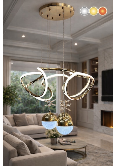 Modern Lüks Salon Model Dron Ledlı 3 Renk Gold Sarkıt Avıze Altın - Gold