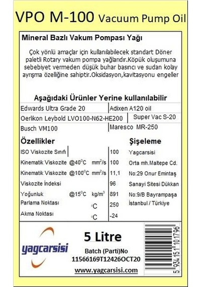 Vpo M-100 Vakum Pompası Yağı Leybold LVO100-N62-HE200- Busch V 5 L