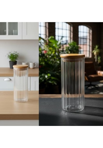 Linie Serisi Bambu Kapaklı Borosilikat Cam Kavanoz - 350 Ml Çizgili Vakumlu Baharatlık, Çay Ve Kahve Saklama Kabı Diğer