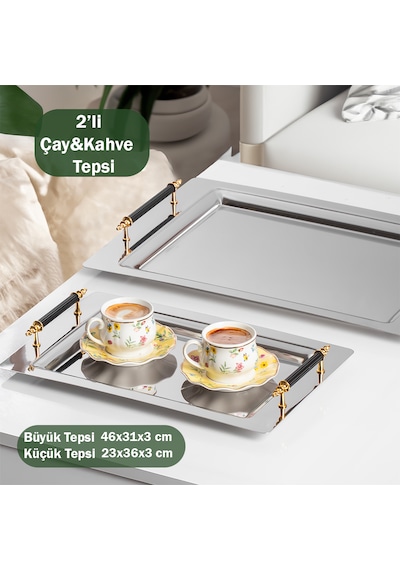 Porsima Gold 2 Li Paslanmaz Çelik Gümüş Kahve Sunum Tepsisi