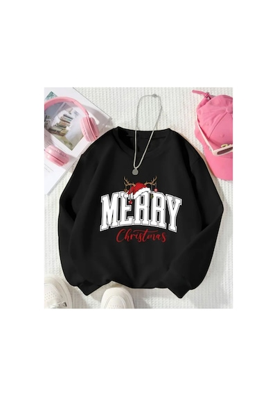 Herkesemoda Merry Christmas Baskı Detaylı Bisiklet Yaka Sweatshırt Siyah