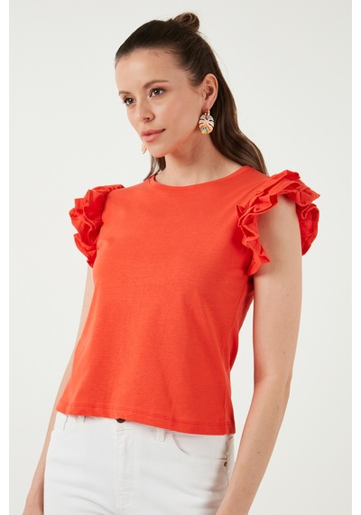 Lela Pamuklu Kolları Fırfırlı Slim Fit Bisiklet Yaka Bayan T Shirt 5864500 Nar Çiçeği