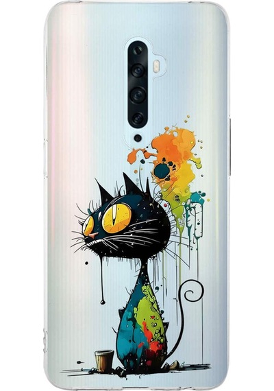 Oppo Reno 2z İle Uyumlu Splash Kedi Tasarımlı Şeffaf Silikon Kılıf Şeffaf