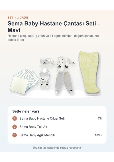 Sema Baby Hastane Çantası Seti 3 Parça: Hastane Çıkışı Seti + Tek Alt + Ağız Mendili - Mavi