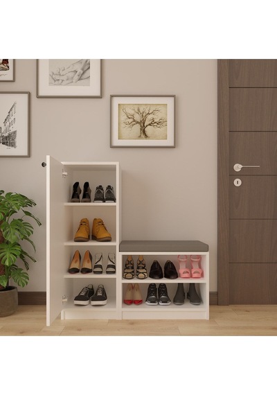 Asra Trend Puflu Ayakkabılık A-11 %100 MDF Minderli Portmanto Seti Beyaz