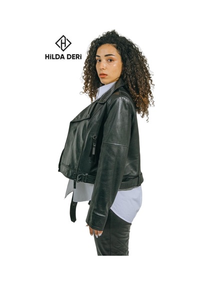 Hilda Deri Emery Biker Tarzı Siyah Oversize Hakiki Kuzu Derisi Kadın Ceket 001