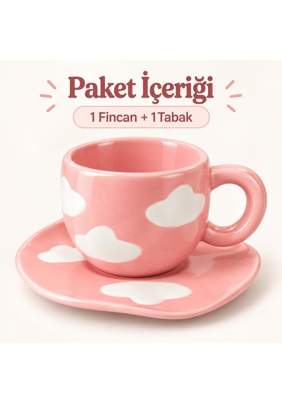 Valkyrie Bulut Desenli Pembe Kahve Fincanı Ve Tabağı Seramik Şık Sunum Seti
