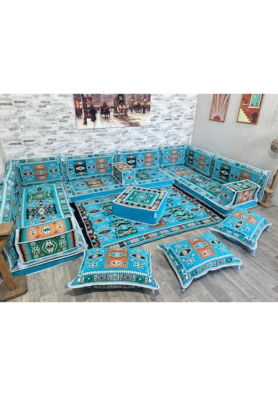 Coton Şark Köşesi Milas Desenli Minder, Kilim, Orta Puf Turkuaz