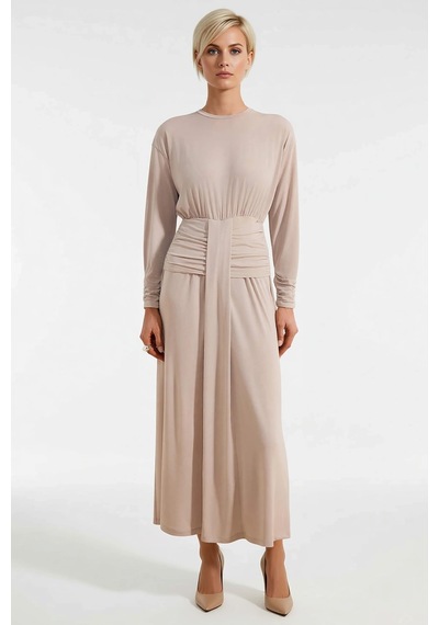 Benerly Kadın Maxi Elbise Bodycon Kayık Yaka Uzun Kol Örme Sandy Kumaş Dü Bej