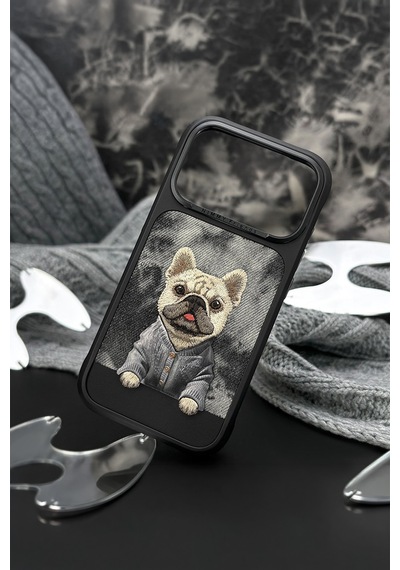 3d İphone 18 Pro Max Uyumlu Magsafe Özellikli Gerçek Nakış İşlemeli Köpek Kılıf Siyah