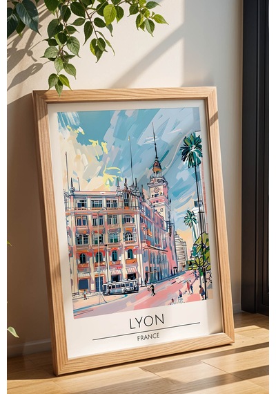 Fransa Lyon Temalı Çerçeveli Tablo Travel Serisi Modern İllüstrasyon Şehir Duvar Dekoru Kayın