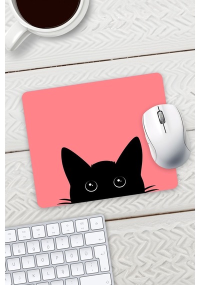 Açık Kırmızı Renk Kedi Baskılı Mouse Pad 23x19cm Fare Altlığı Kaydırmaz Taban Mousepad