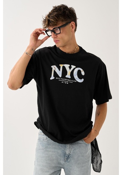 Geniş Kalıp Bisiklet Yaka Baskılı Unisex T-shirt Siyah