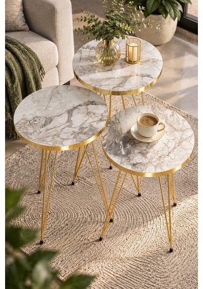 Sulorahome Gold Zigon Sehpa Takımı 3'lü Set Beyaz Mermer