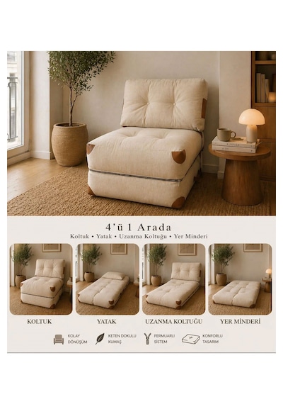 Reyo Pufymax Comfy Bohem Koltuk Yatak Olabilen Katlanır Berjer & Modüler Yer Yatağı 75x75x 85 Cm Keten Krem